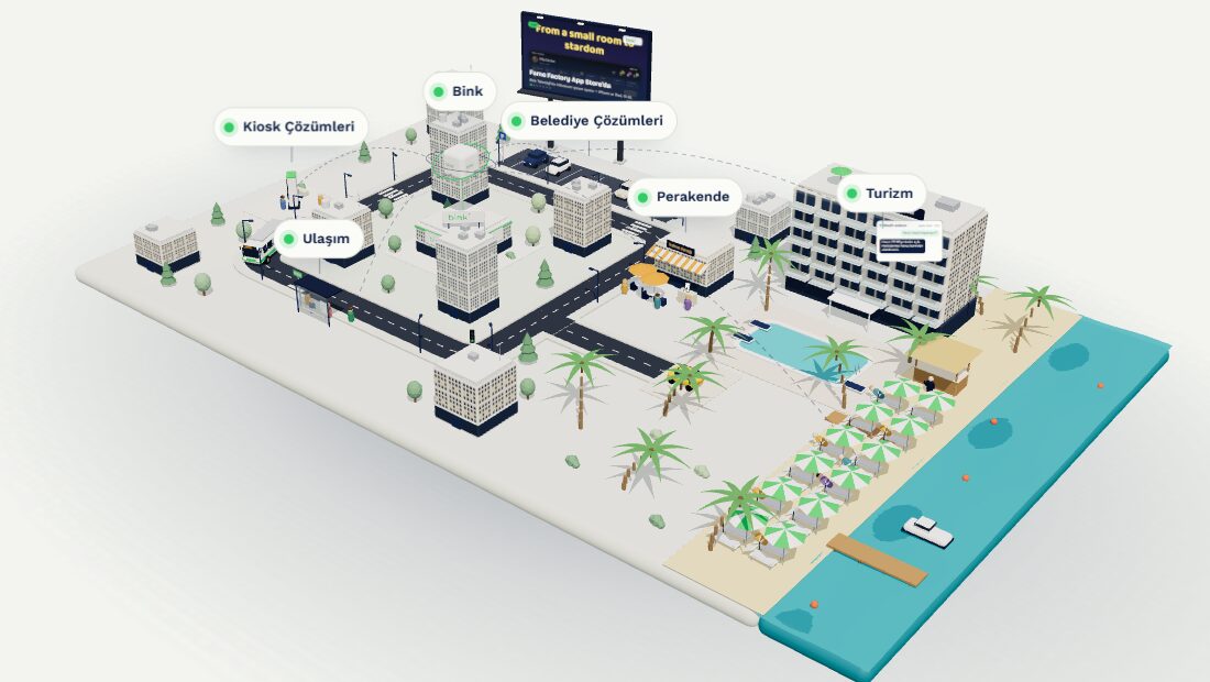 Bink mini dünya: şehir, otel, plaj ve deniz — 3D görünüm